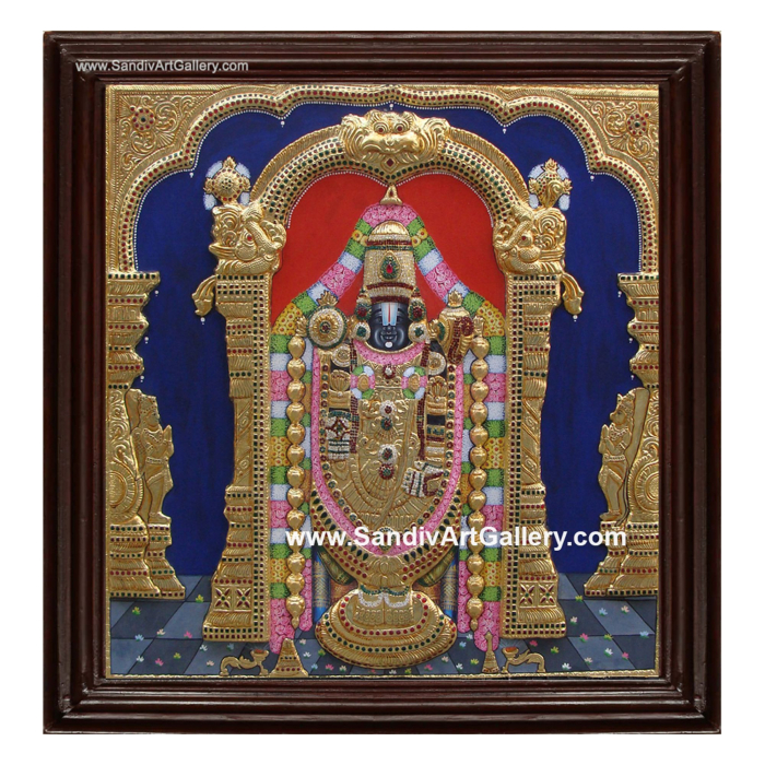 Venkateshwara Swamy with Garudar and Hanuman Semi Embossed Tanjore Painting