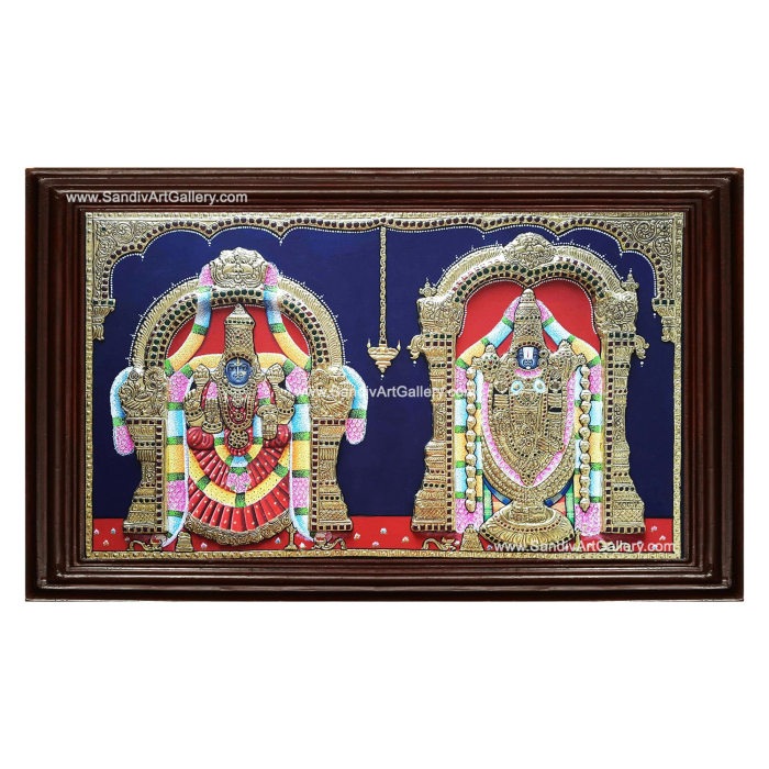 Tirupathi Balaji Padmavathi Thayar Semi Embossed Tanjore Painting