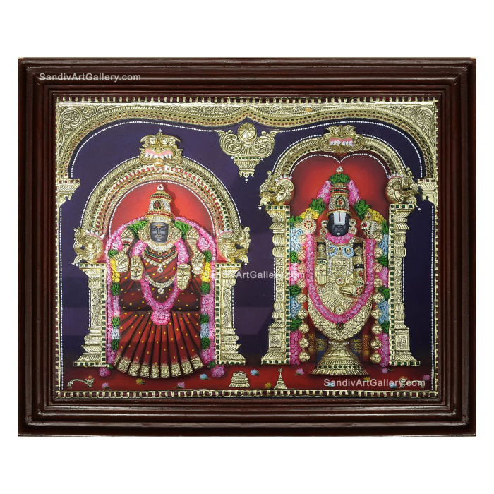 Tirupathi Padmavathi Thayar Lakshmi 3D Embossed Tanjore Painting with Special Garland Work
