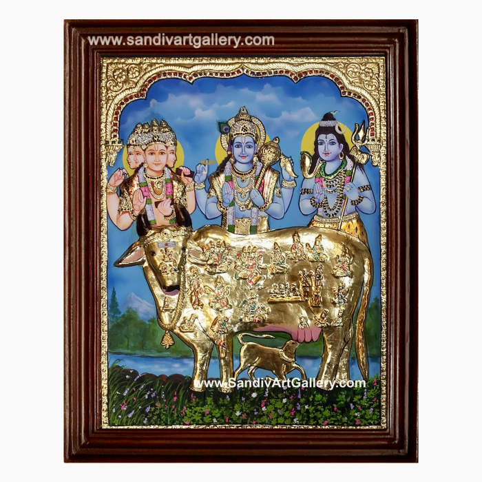Komatha with Brahma Vishnu Shivan 2D Embossed Tanjore Painting