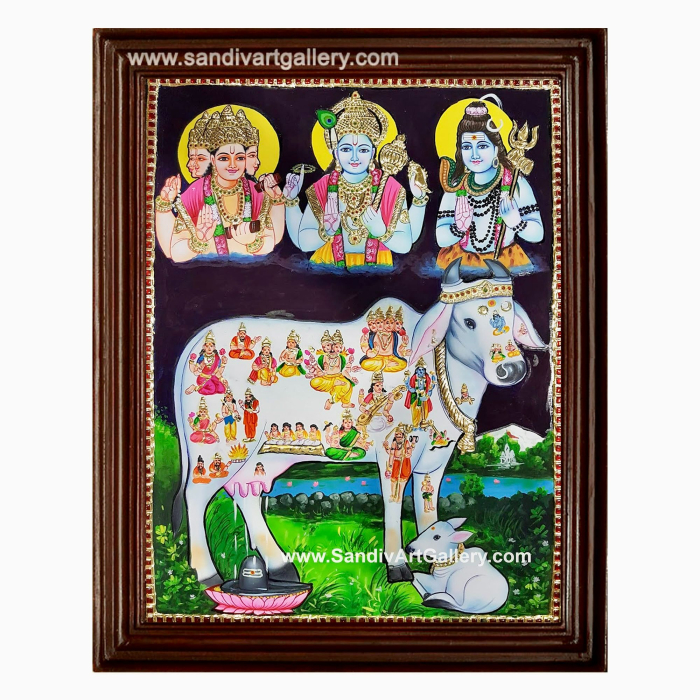 Gomatha with Brahma Vishnu Shivan 2D Embossed Tanjore Painting