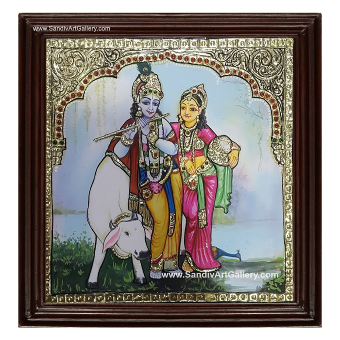 Radha Krishna with Cow Tanjore Painting1
