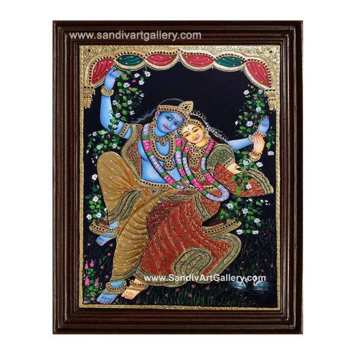 Garden Radha Krishna on a Swing Tanjore Painting