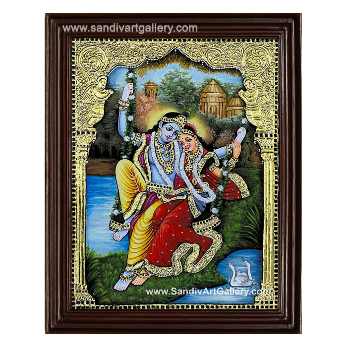 Garden Radha Krishna on a Swing Tanjore Painting1