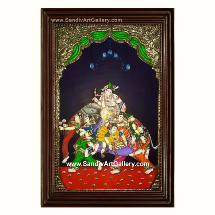 Krishna Riding Gopi Elephant Semi Embossed Tanjore Painting