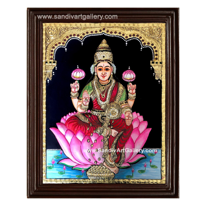 Gaja Lakshmi on Lotus Semi Embossed Tanjore Painting1