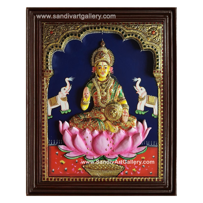 Gaja Lakshmi on Lotus 3D Embossed Tanjore Painting