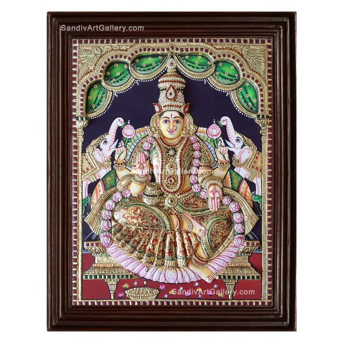 Gaja Lakshmi 3D Embossed Tanjore Painting1