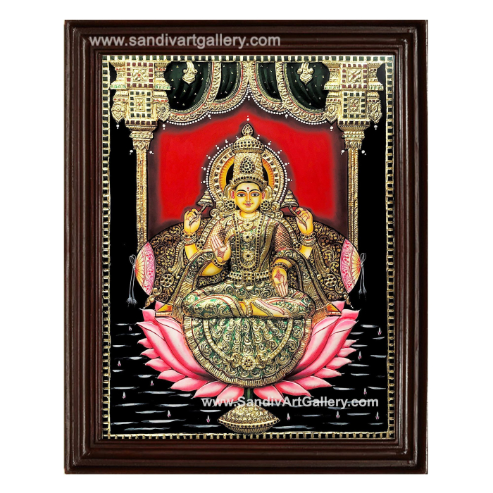 Lakshmi on Lotus 3D Super Embossed Tanjore Painting1