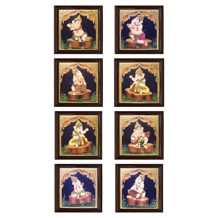 Ganesha with Instrument Tanjore Painting- Set of 8