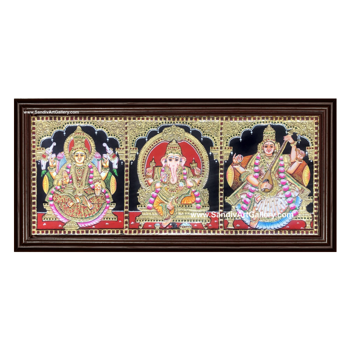 Ganesha Lakshmi and Saraswathi- 3 God Panel Tanjore Painting