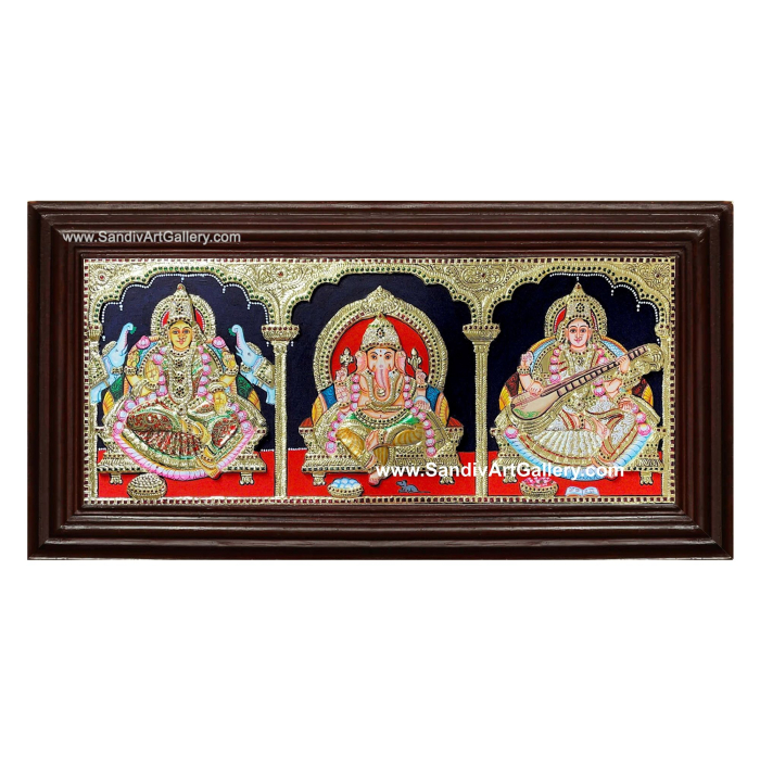 Vinayagar Lakshmi and Saraswathi- 3 God Panel Tanjore Painting