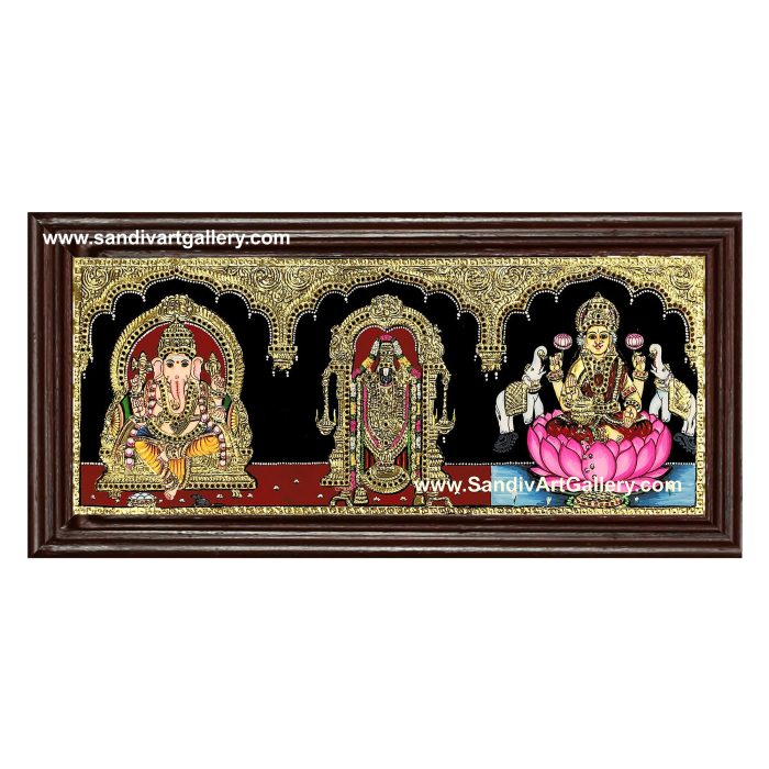 Vinayaka Balaji and Lakshmi- 3 God Panel Tanjore Painting