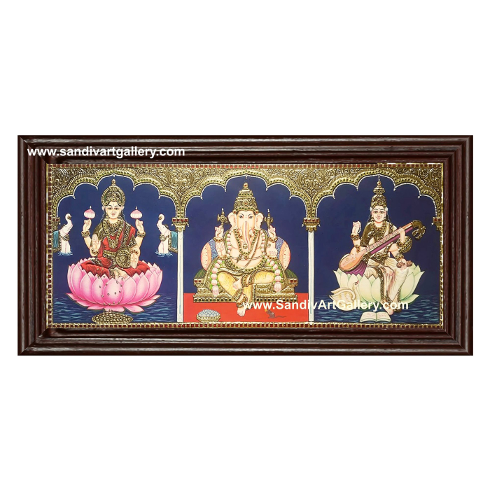 Ganesha Lakshmi and Saraswathi- 3 God Panel Tanjore Painting 1