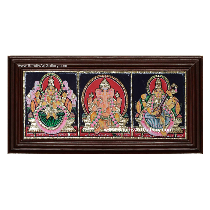 Vinayagar Lakshmi and Saraswathi- 3 God Panel Tanjore Painting 1
