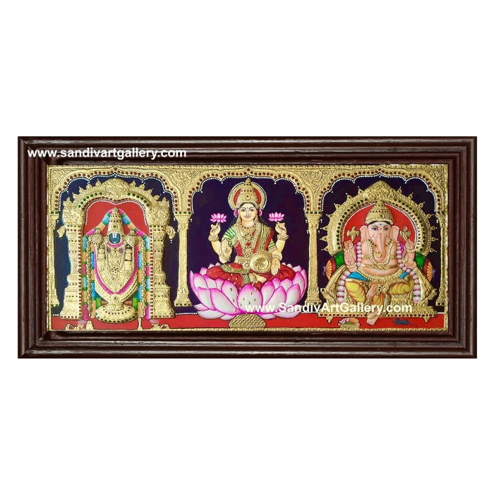Balaji Lakshmi and Vinayaka- 3 God Panel Semi Embossed Tanjore Painting