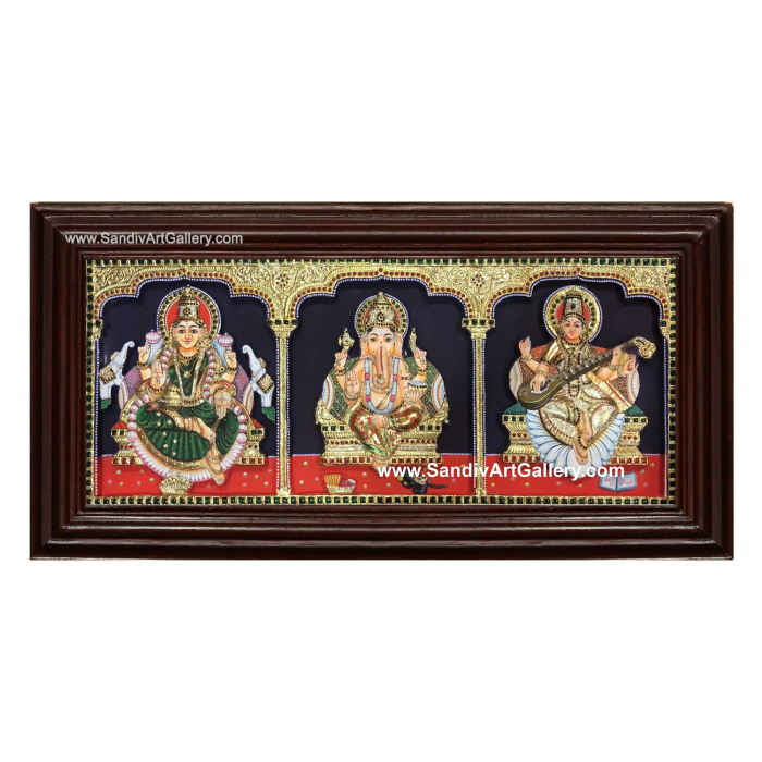 Gajalakshmi Ganesha and Saraswathi - 3 God Panel Semi Embossed Tanjore Painting