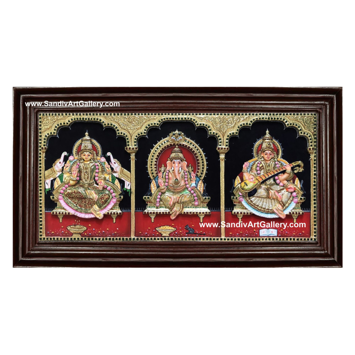 Gajalakshmi Ganesha and Saraswathi- 3 God Panel 3D Super Embossed Tanjore Painting