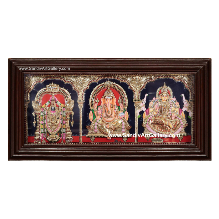 Venkateshwara Ganesha and Gaja Lakshmi- 3 God Panel 3D Super Embossed Tanjore Painting