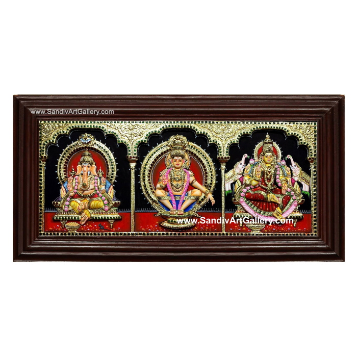 Ganesha Ayyappan and Gajalakshmi- 3 God Panel 3D Super Embossed Tanjore Painting 