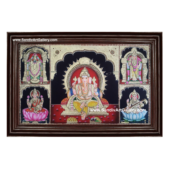 Ganesha Venkateshwara Lakshmi Saraswathi and Murugan- 5 God Panel Semi Embossed Tanjore Painting