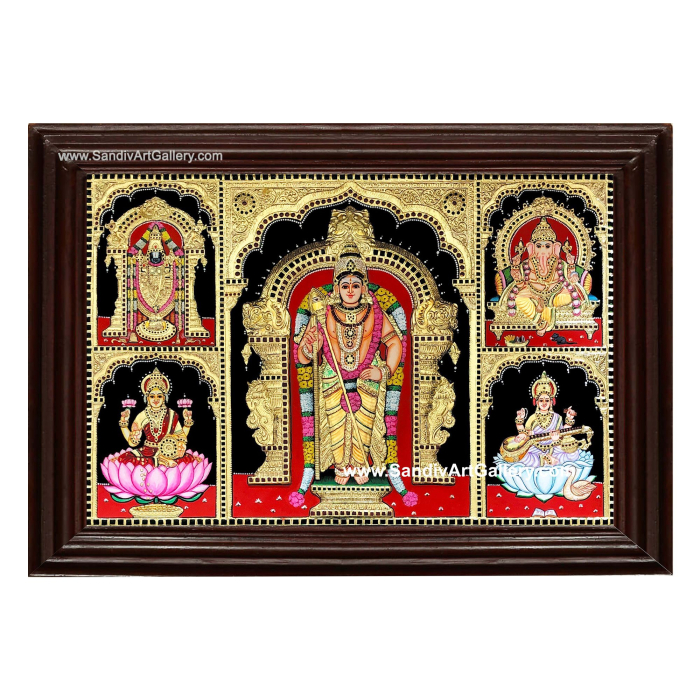 Murugan Ganesha Venkateshwara Lakshmi and Saraswathi- 5 God Panel Semi Embossed Tanjore Painting
