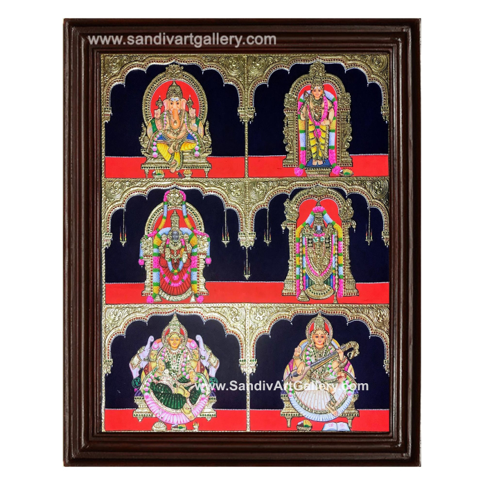 Customised Pooja Room Panel- Ganesha, Lakshmi, Saraswati, Balaji Padmavti Thayar and Murugar Tanjore Painting