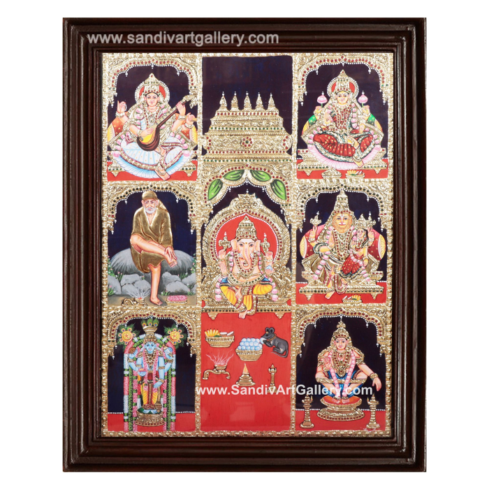 Customised Pooja Room Panel- Ganesha, Lakshmi, Saraswati, Saibaba, Narasimha, Guruvayurappan and Ayyappan Tanjore Painting