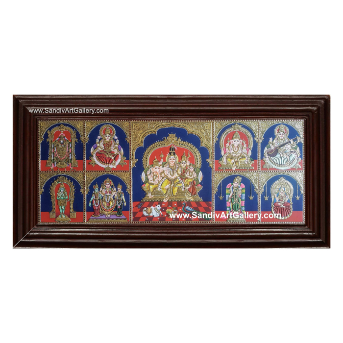 Customised Pooja Room Tanjore Painting- Shivan Family, Ganesha, Lakshmi, Saraswati, Balaji, Valli Deivanai Murugar, Hanuman, Andal and Sharadambal