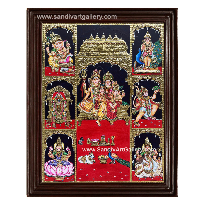 Customised Pooja Room Tanjore Painting- Shiva Family, Ganesha, Lakshmi, Saraswati, Balaji, Murugar and Hanuman Tanjore Painting
