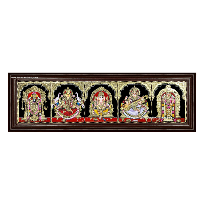 Ganesha Lakshmi Saraswati Balaji and Murugan- 5 Gods Pooja Room Tanjore Painting