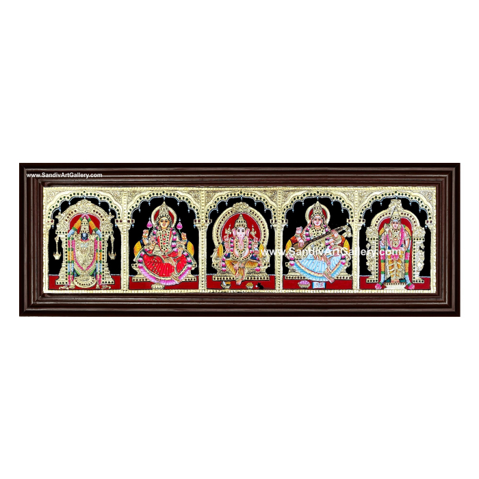 Ganesha Lakshmi Saraswati Venkateshwara and Subramanya Swamy - 5 Panel Tanjore Painting