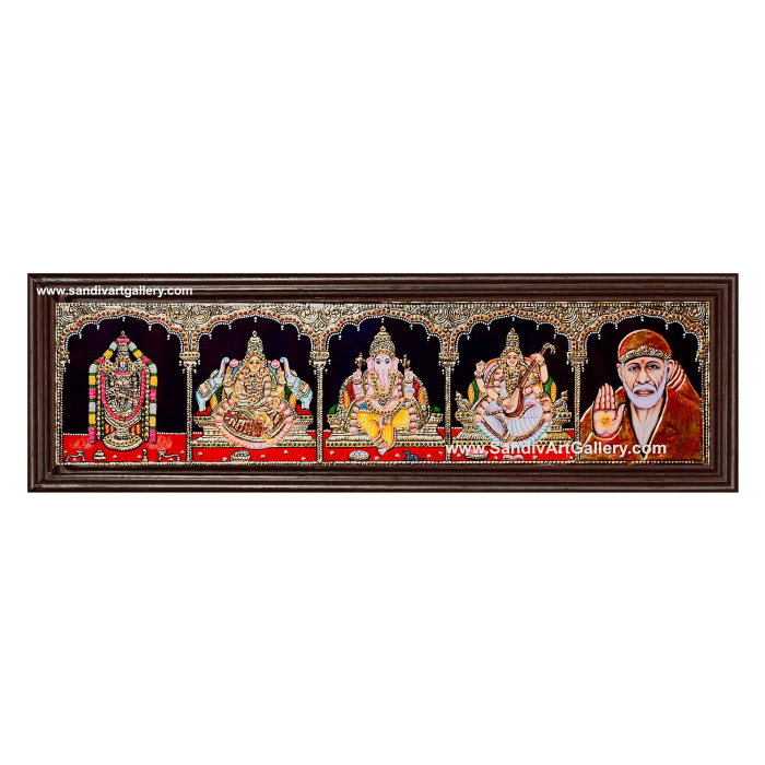Ganesha Gajalakshmi Saraswathi and Saibaba - 5 Panel Pooja Tanjore Painting