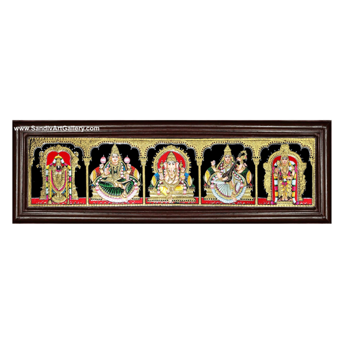 Balaji Lakshmi Ganesha Saraswathi and Murugan- 5 Panel Pooja Tanjore Painting