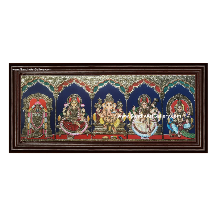 Ganesha Lakshmi Saraswathi Balaji and Mayil Murugar - 5 God Panel Tanjore Painting
