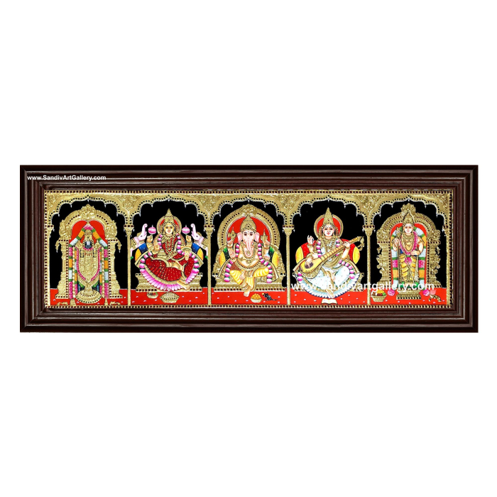 Ganesha LakshmiSaraswathiBalaji and Mayil Murugar - 5 God Panel Tanjore Painting