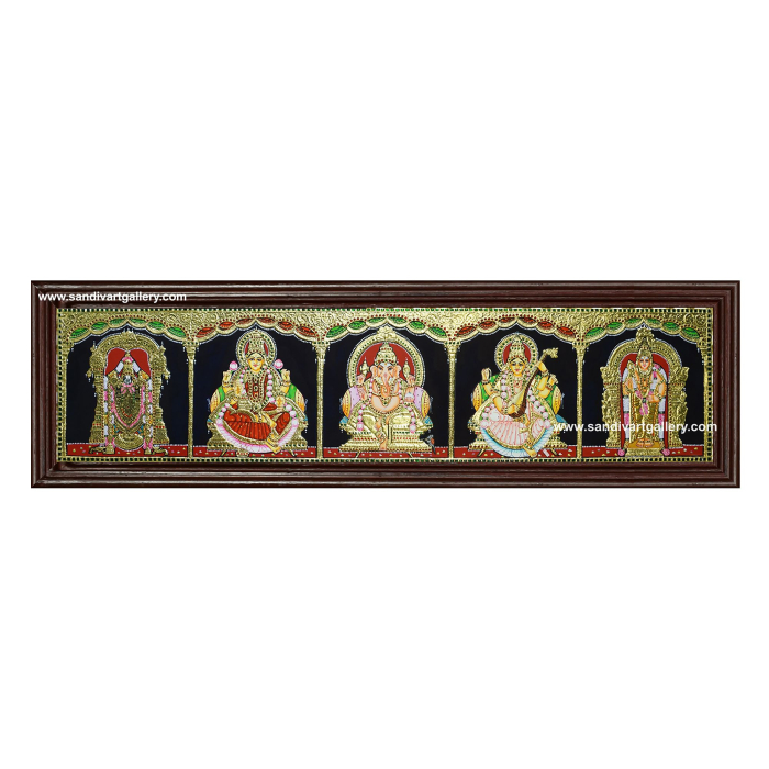 Ganesha Lakshmi Saraswathi Balaji and Murugan- Pooja Room Tanjore Painting 1