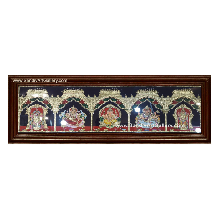 Ganesha LakshmiSaraswathiBalaji and Murugan - 5 God Panel Tanjore Painting