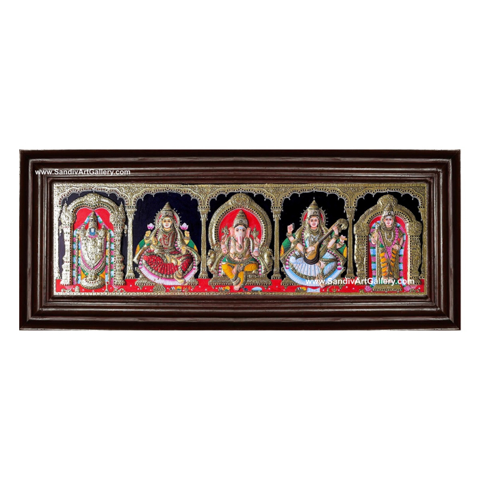 Ganesha Lakshmi Saraswati Balaji and Murugan- 5 Gods Pooja Room Semi Embossed Tanjore Painting
