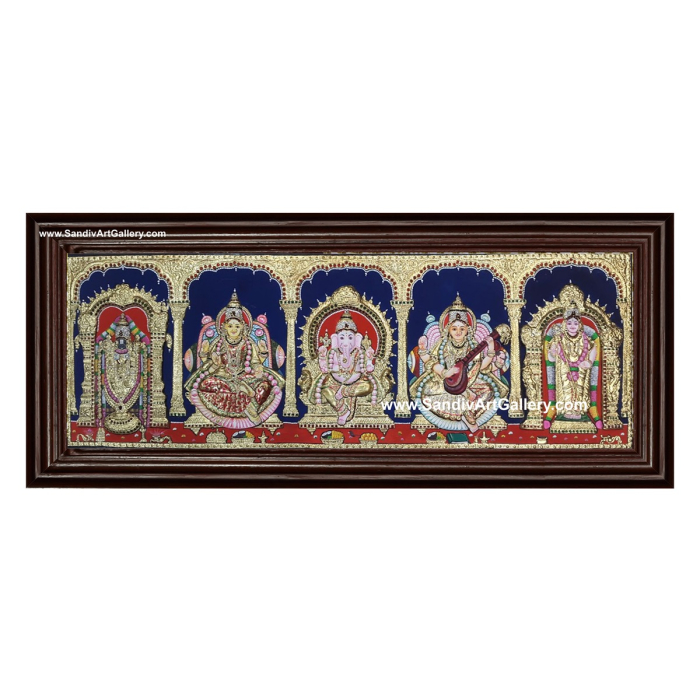 Ganesha Lakshmi Saraswati Venkateashwara and Subramanya Swamy- 5 Panel 2D Embossed Tanjore Painting