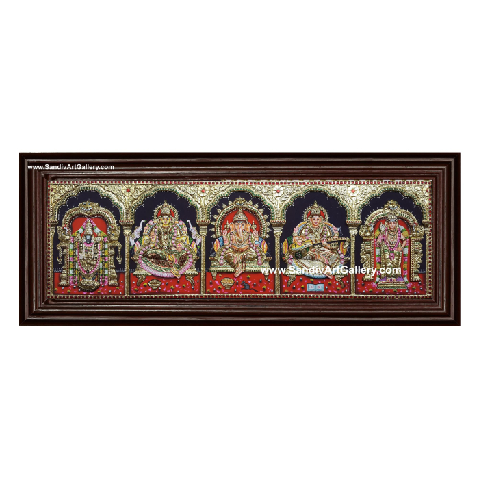 Ganesha Lakshmi Saraswati Venkateashwara and Subramanya Swamy- 5 Panel 3D Embossed Tanjore Painting