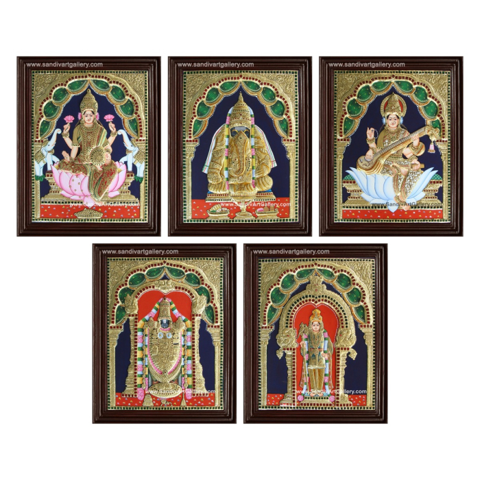 Vinayaka Lakshmi Venkateshwara Saraswathi and Murugar- Pooja Room 2D Tanjore Paintings
