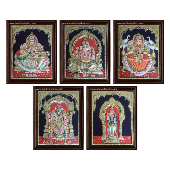 Ganesha Gajalakshmi Perumal Saraswathi and Palani Raja Alangara Murugar- Pooja Room Semi Embossed Tanjore Paintings