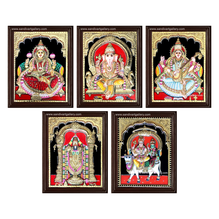 Ganesha Gajalakshmi Perumal Saraswathi and Palani Raja Alangara Murugar- Pooja Room Semi Embossed Tanjore Paintings 1