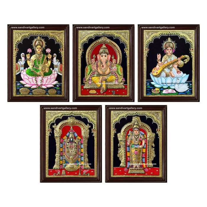 Vinayagar Lakshmi Balaji Saraswathi and Subramania- Pooja Room 2D Tanjore Paintings 1