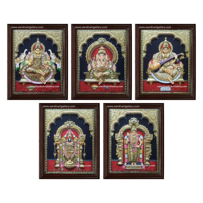 Ganesha Lakshmi Balaji Saraswathi and Murugar- Pooja Room 3D Embossed Tanjore Paintings