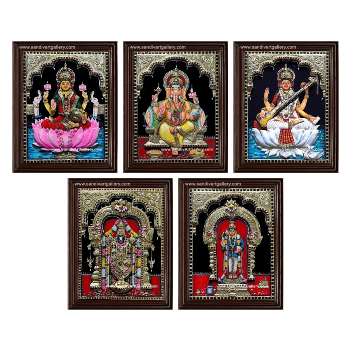 Ganesha Gajalakshmi Perumal Saraswathi and Palani Raja Alangara Murugar- Pooja Room 3D Embossed Tanjore Paintings