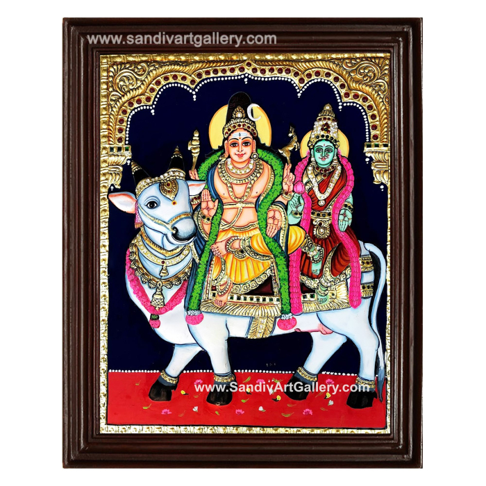 Shivan Parvati Sitting on Nandi Tanjore Painting