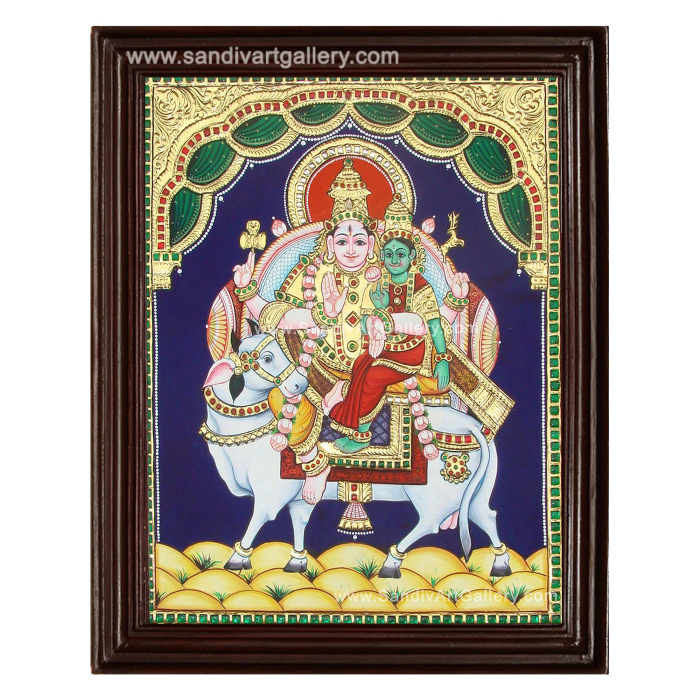 Shivan Parvati Sitting on Nandi Tanjore Painting 1