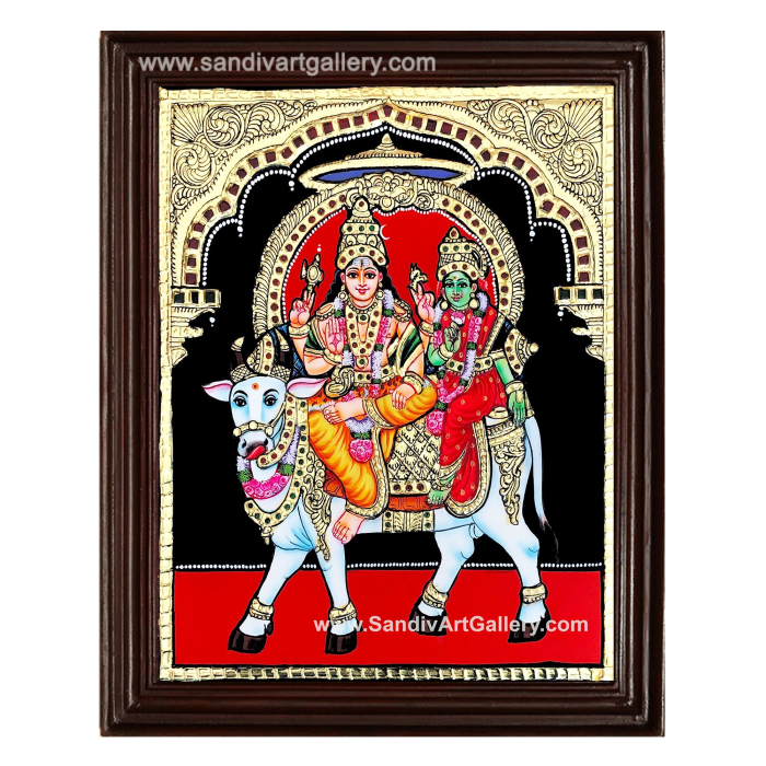 Shiva Parvati sitting on cow Tanjore Painting